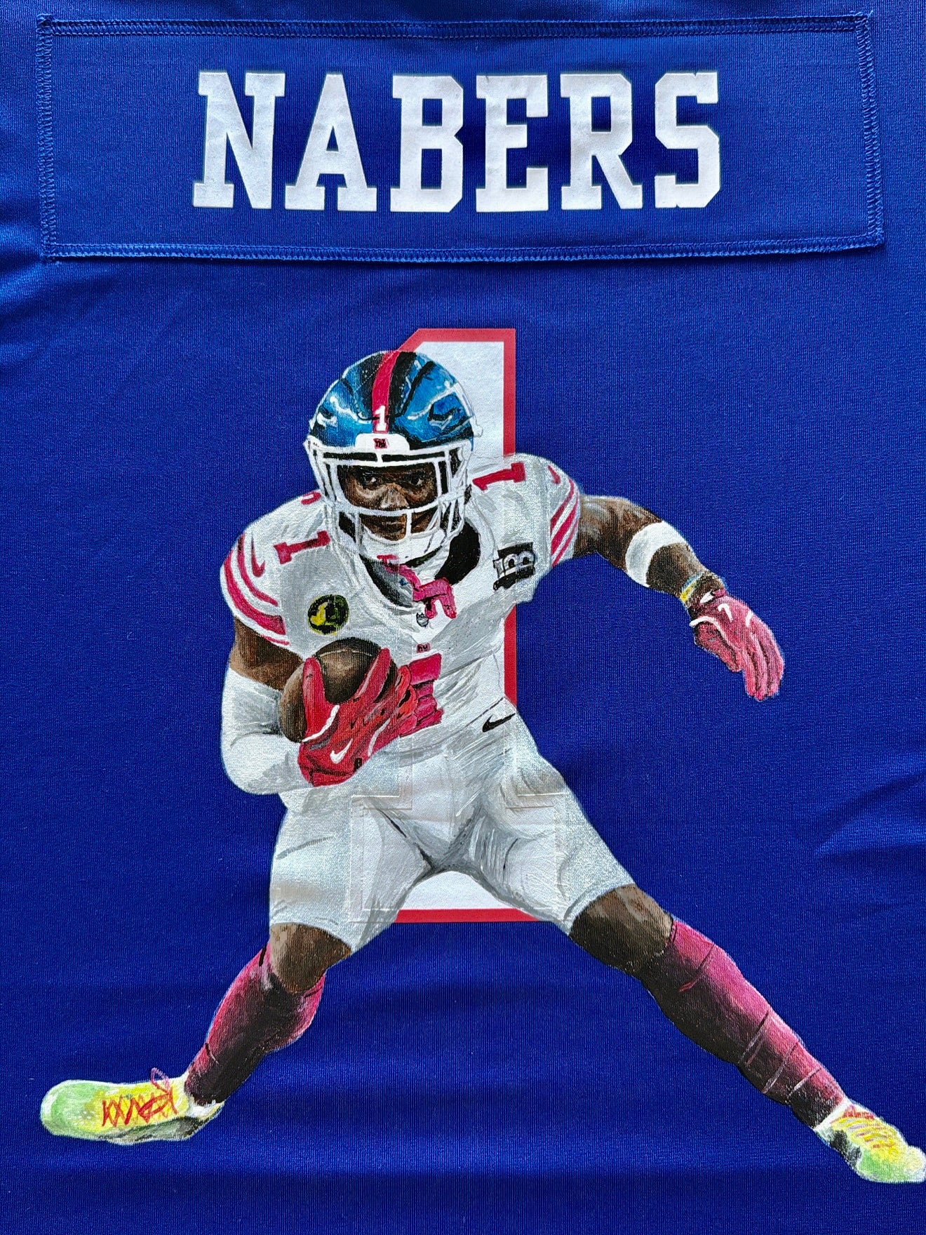 Custom hand-painted sports jersey with unique artwork, personalized design, and detailed brushwork on an authentic or replica jersey