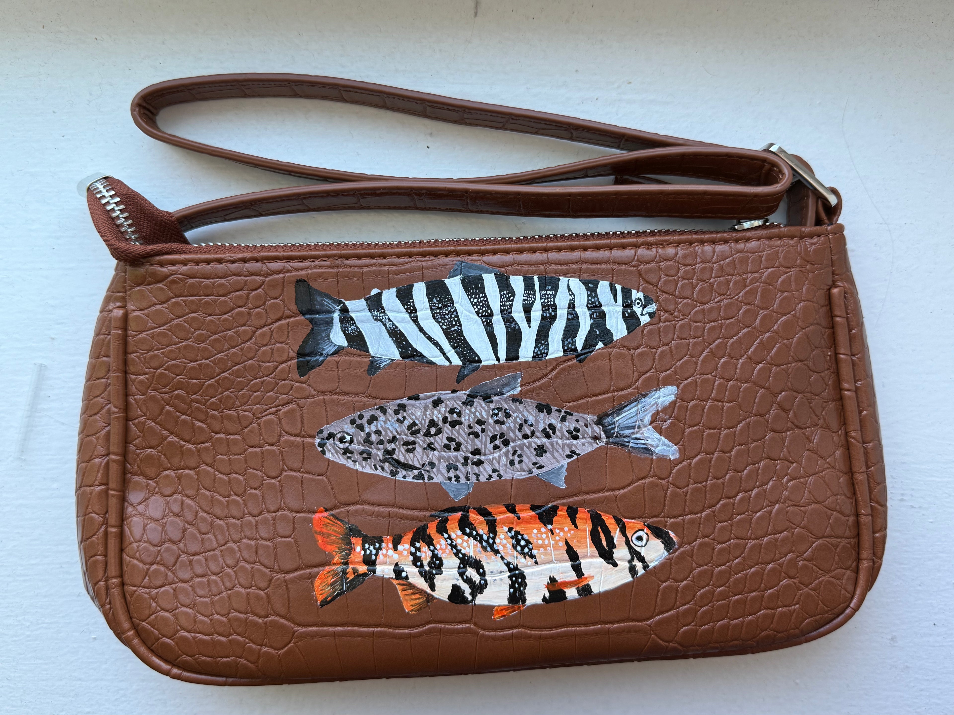 Hand-Painted Brown Mini Purse – Three Fish Design | Custom Leather Art Bag