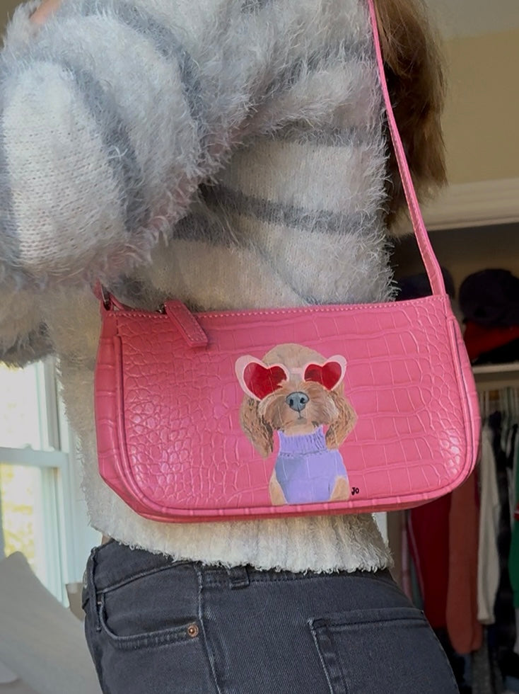 Hand-Painted Pink Mini Purse – Golden Doodle Design | Custom Leather Art Bag