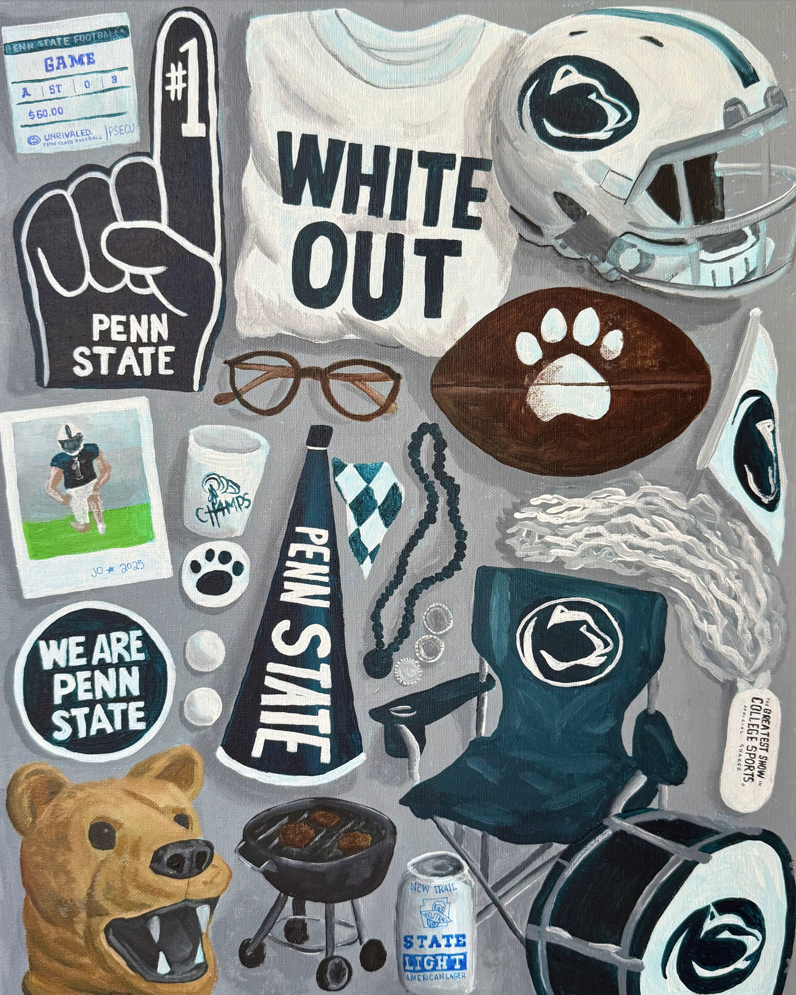 Collage-style print featuring iconic Penn State University imagery, including Old Main, Nittany Lion Shrine, Beaver Stadium, campus landmarks, and PSU logos in a blue and white design