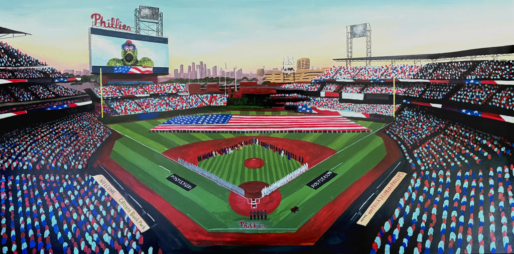 Baseball stadium with a large screen displaying a logo, surrounded by spectators.