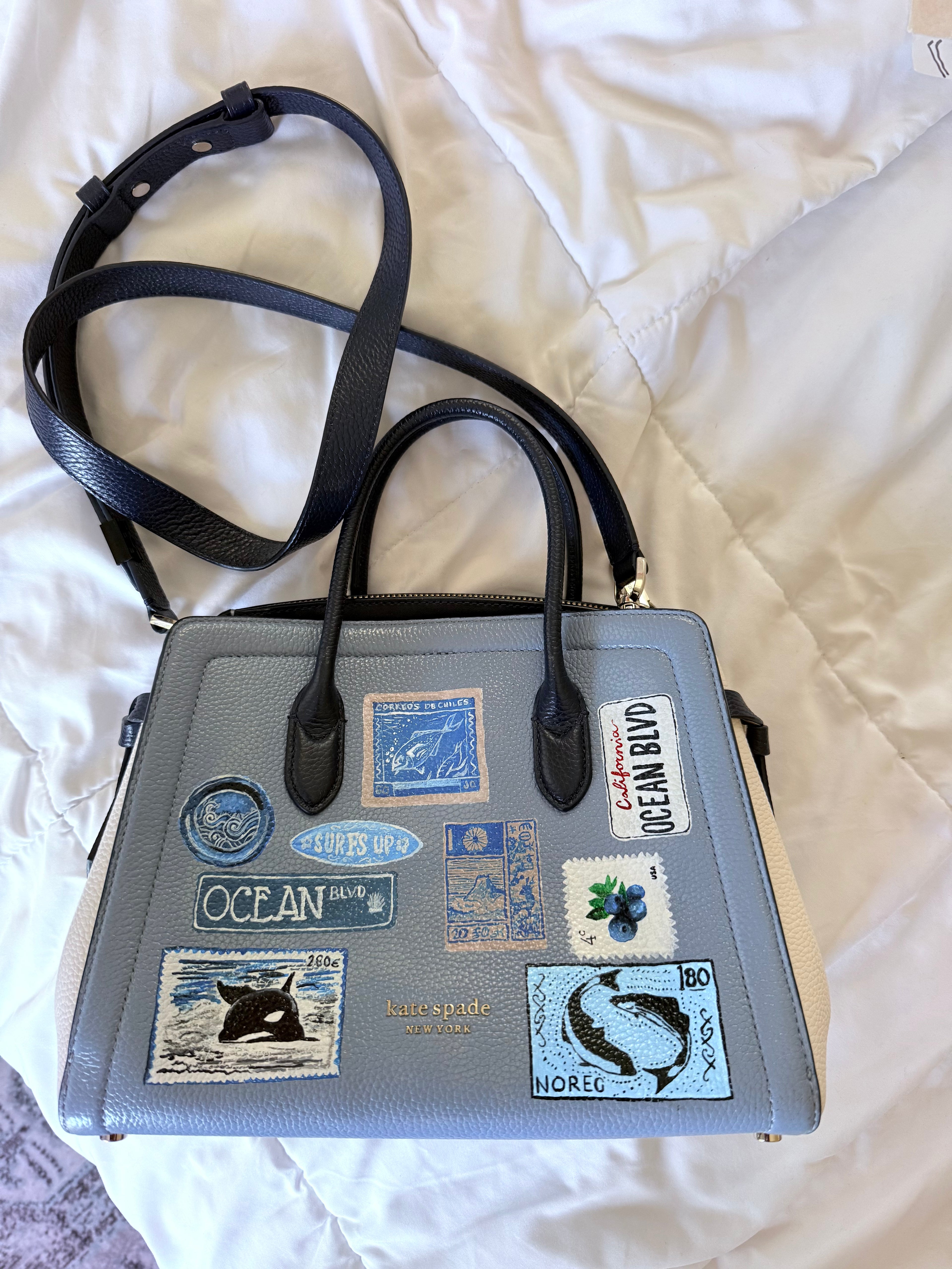 Hand-Painted Kate Spade Purse – Beach Stamp Design | Custom Summer Art Bag