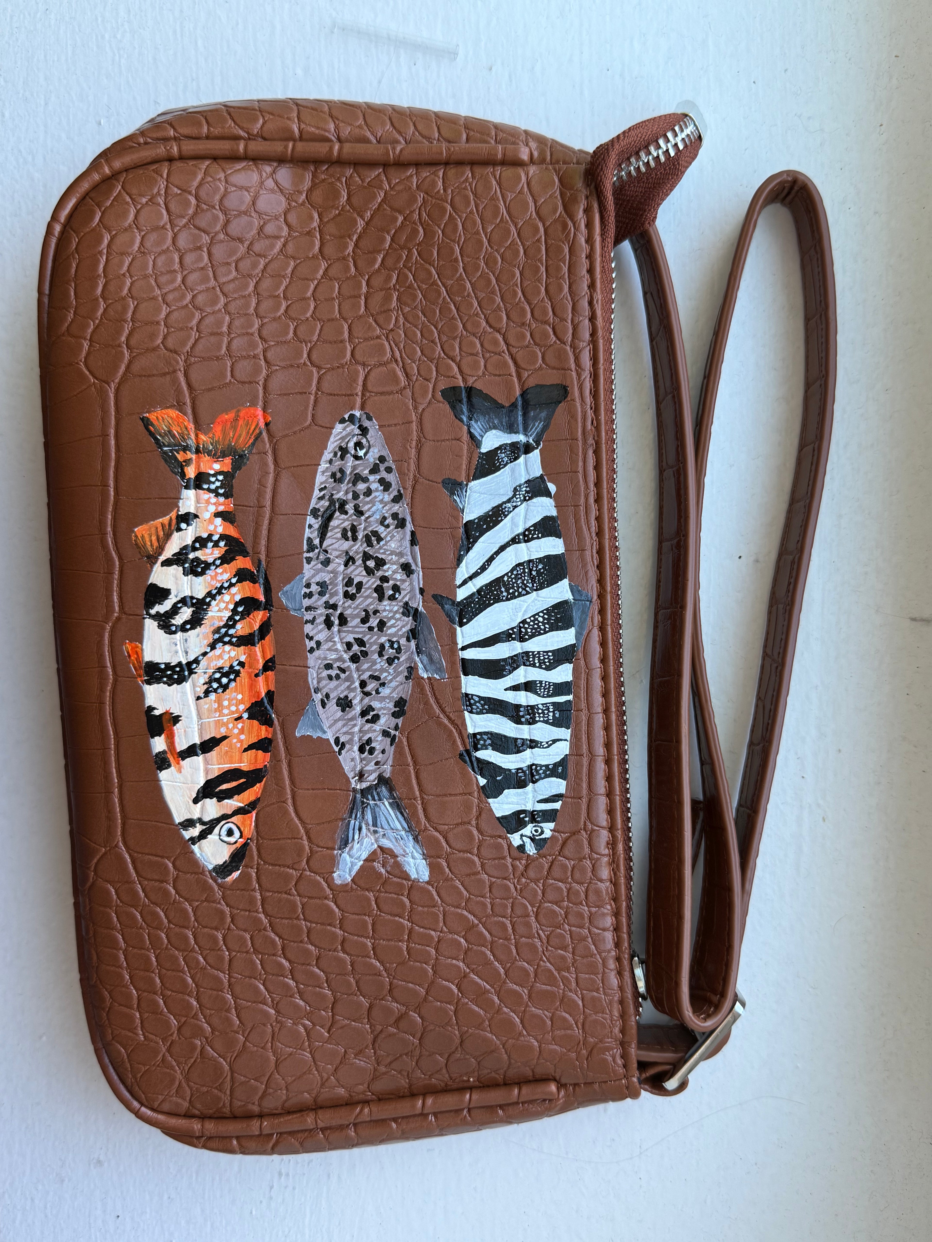 Hand-Painted Brown Mini Purse – Three Fish Design | Custom Leather Art Bag