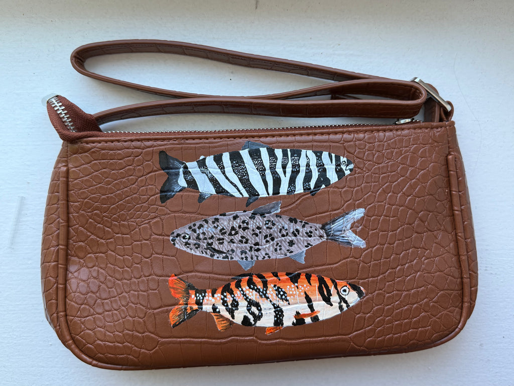 Hand-Painted Brown Mini Purse – Three Fish Design | Custom Leather Art Bag
