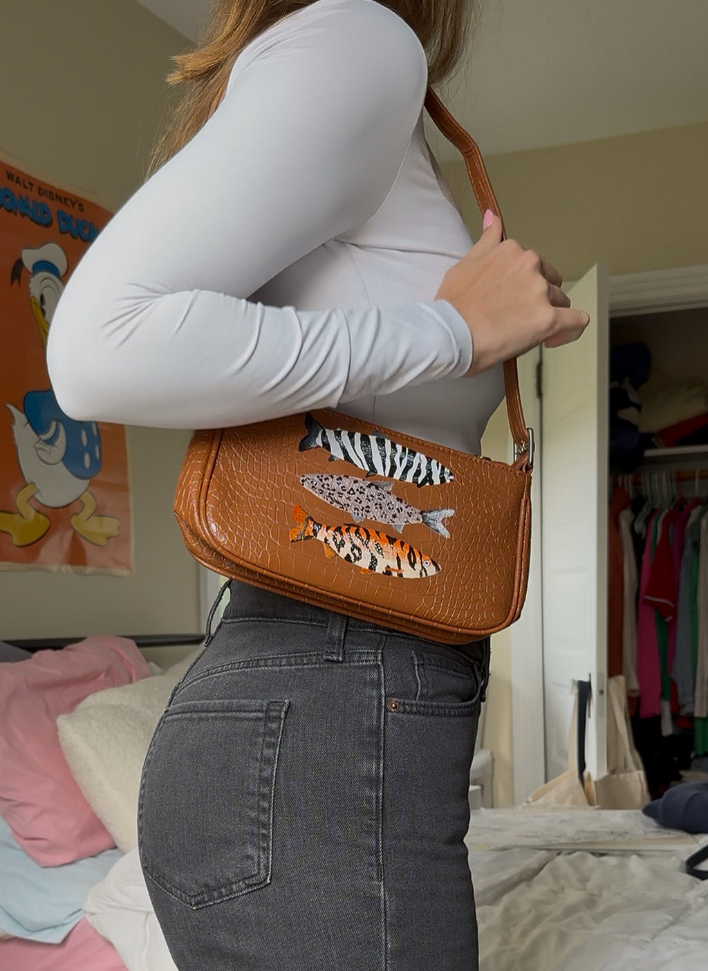 Hand-Painted Brown Mini Purse – Three Fish Design | Custom Leather Art Bag