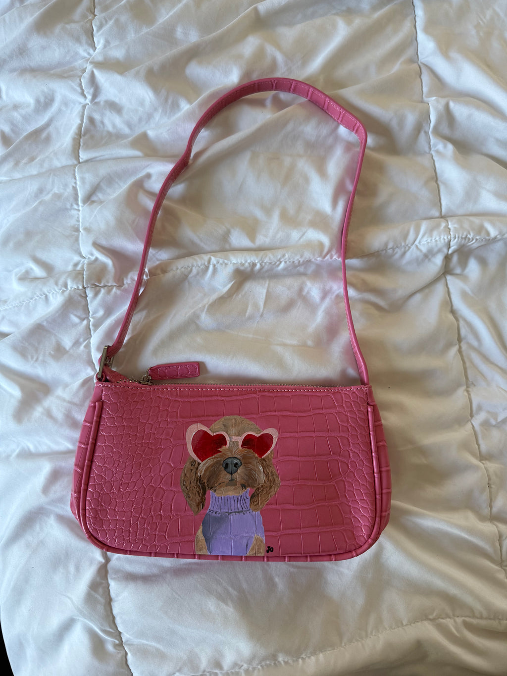 Hand-Painted Pink Mini Purse – Golden Doodle Design | Custom Leather Art Bag