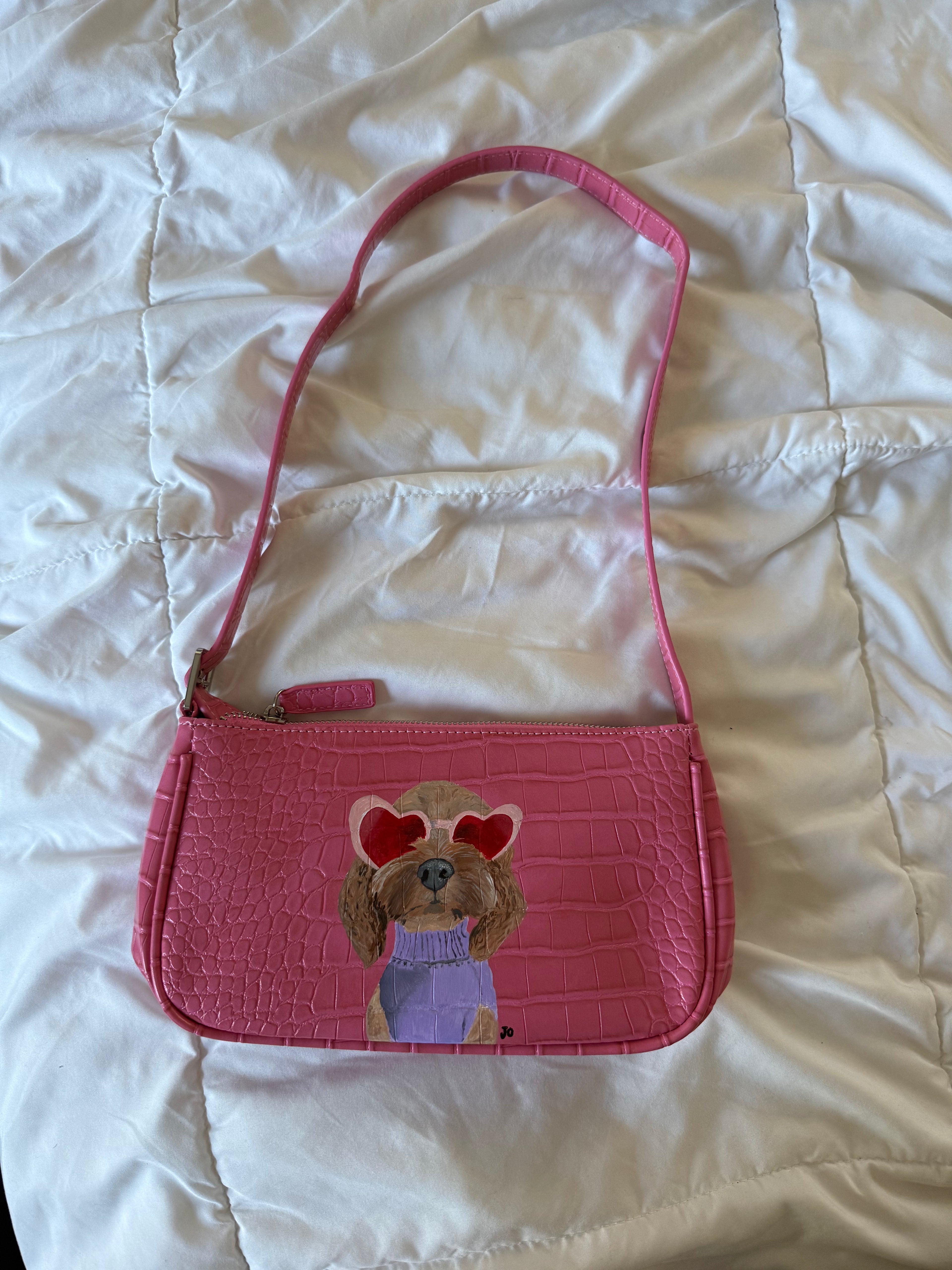 Hand-Painted Pink Mini Purse – Golden Doodle Design | Custom Leather Art Bag