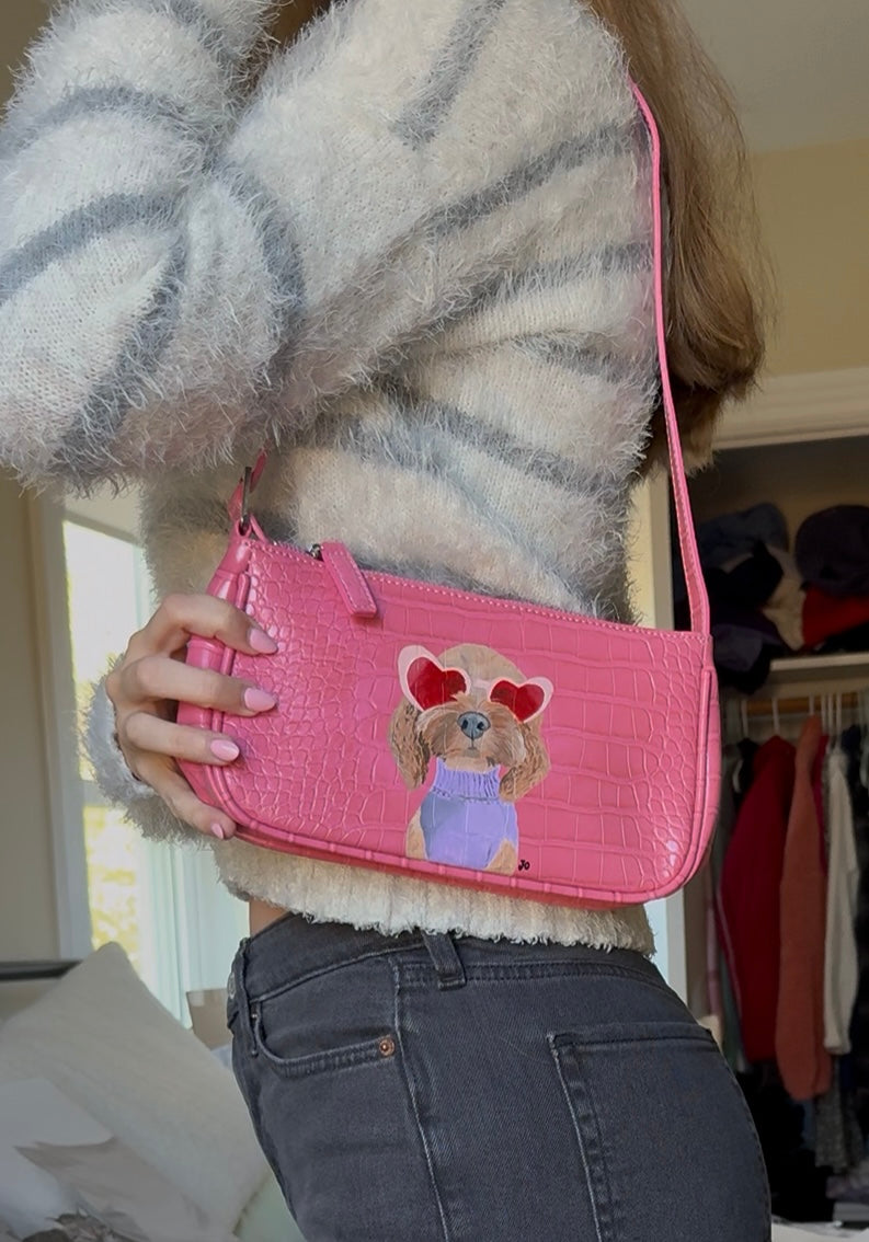 Hand-Painted Pink Mini Purse – Golden Doodle Design | Custom Leather Art Bag