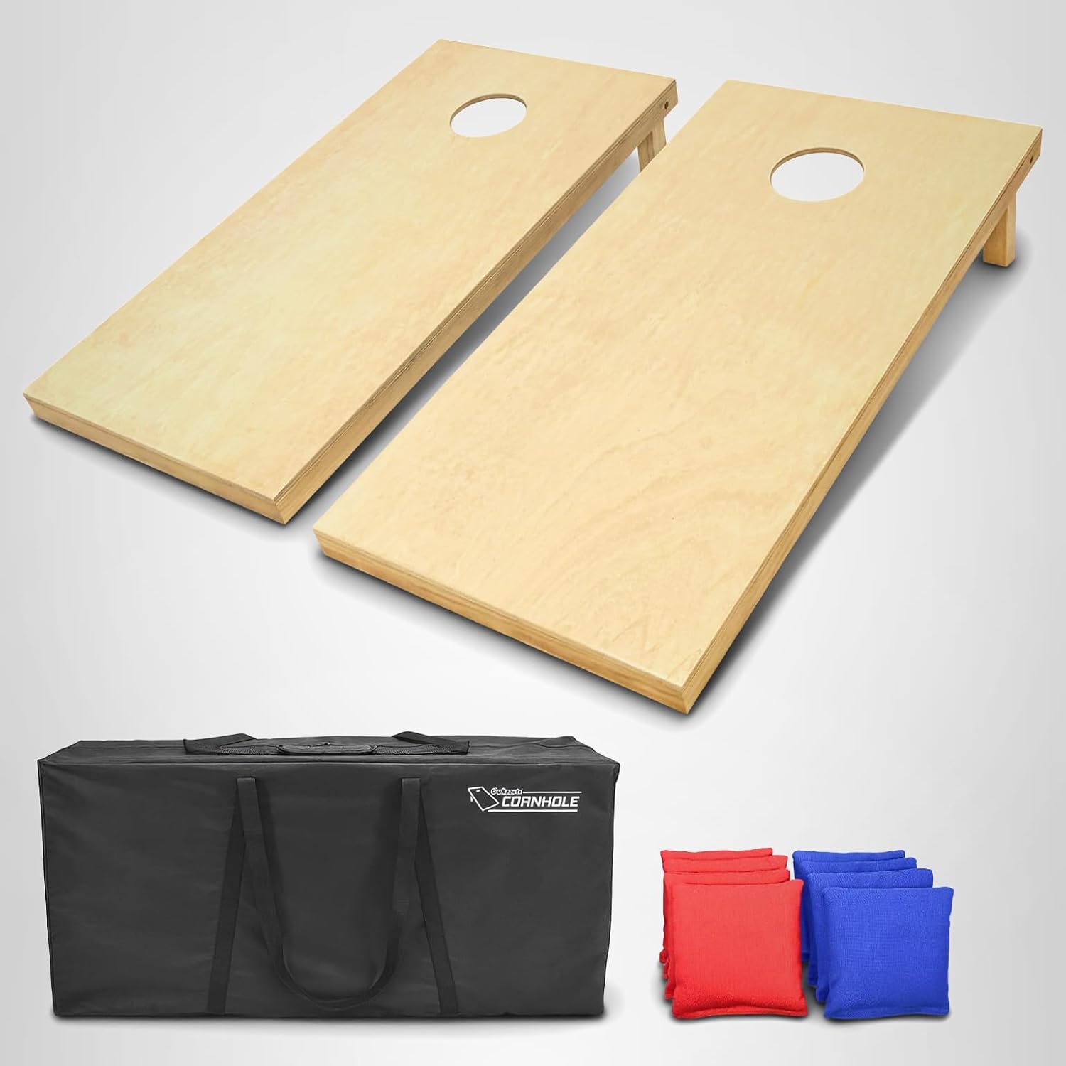 Cornhole game set with two wooden boards, a black carrying bag, and red and blue bags on a light gray background.